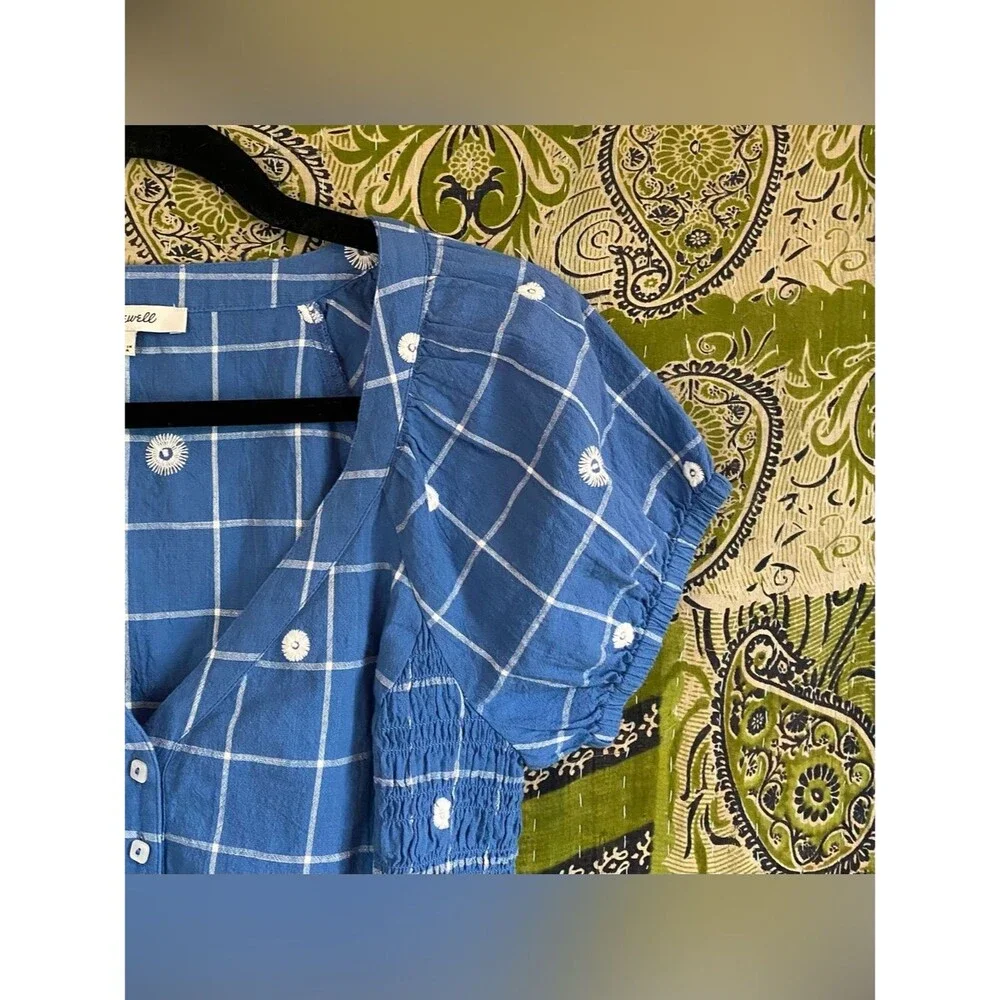 Madewell Hermitage Blue Embroidered Puff Sleeve Window Pane Crop Top 2